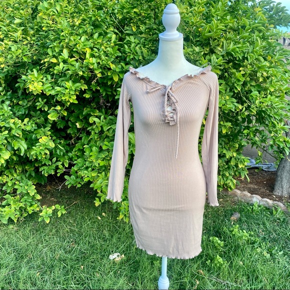 Blashe Tan Off Shoulder Lace Up Bodycon Dress - Picture 5 of 5